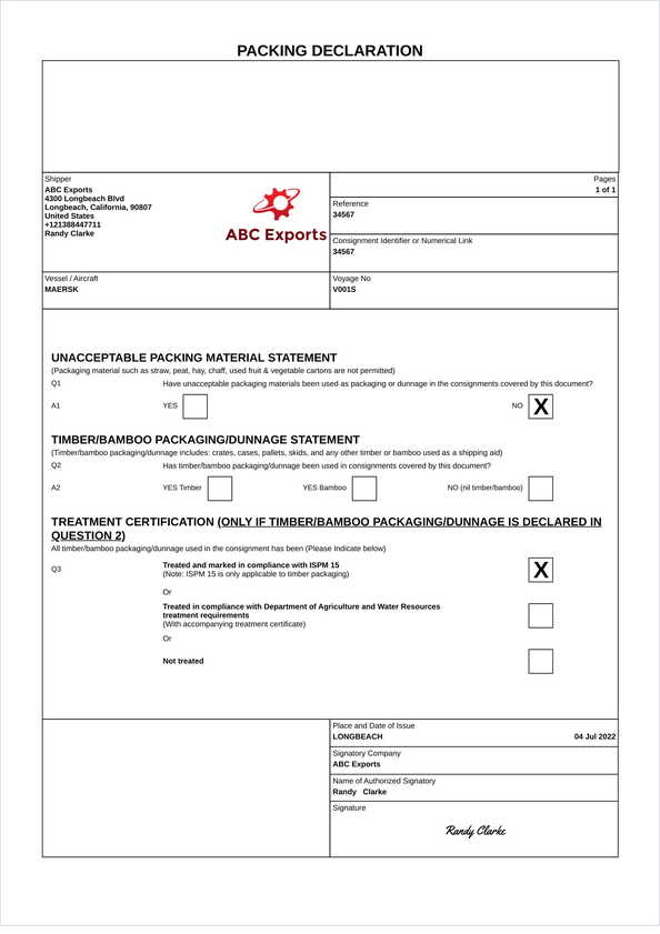 Packing declaration template